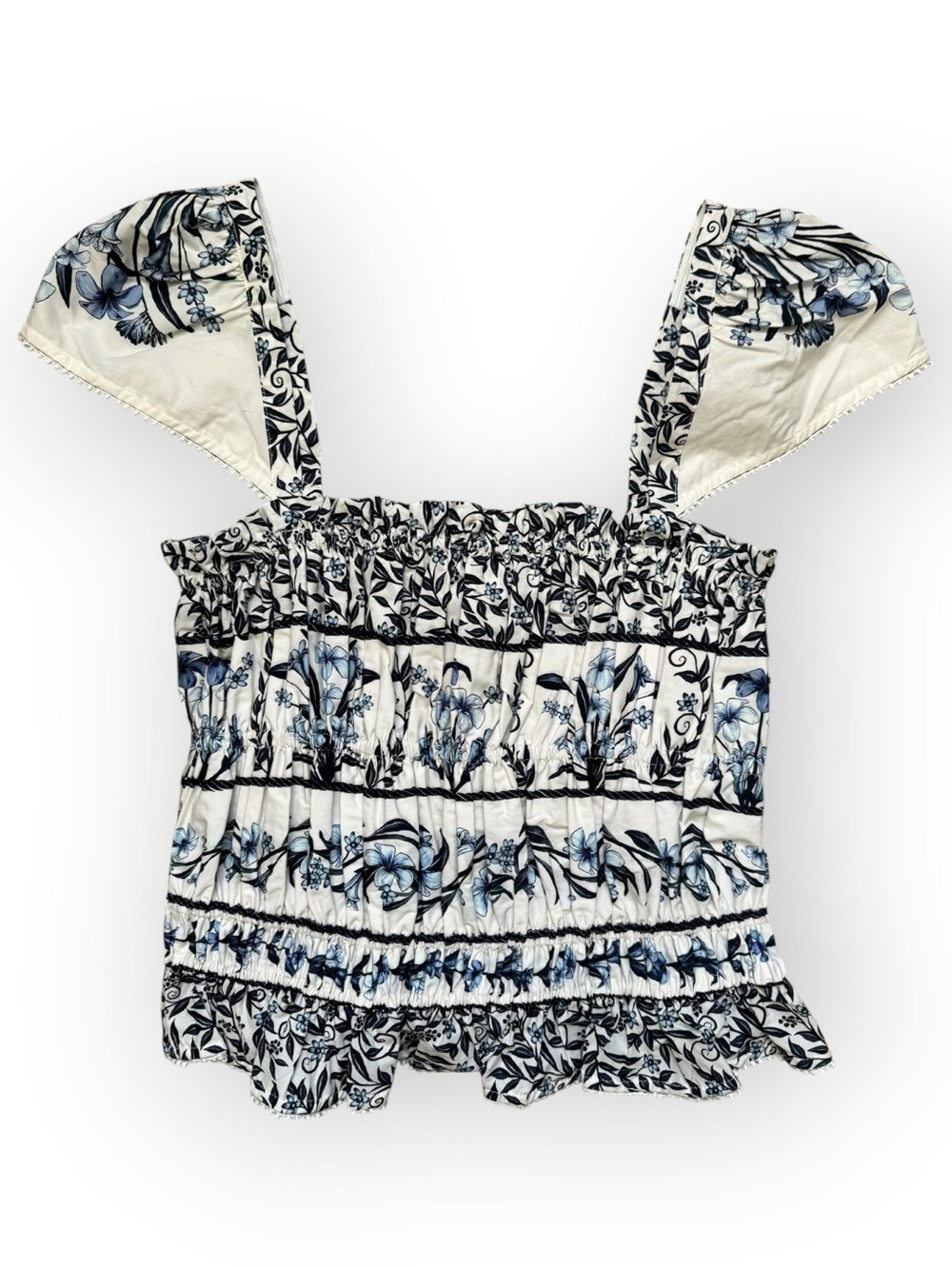 FARM Rio Off White Flowers Arch Smocked Blouse Blue Floral NWT Medium